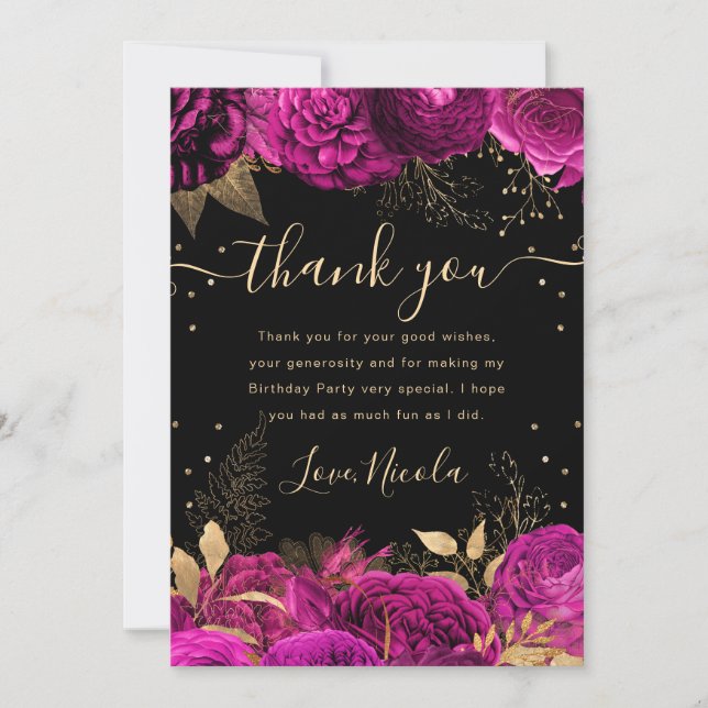 Hot Pink und Gold Rose Blumengeburten Dankeskarte (Vorderseite)