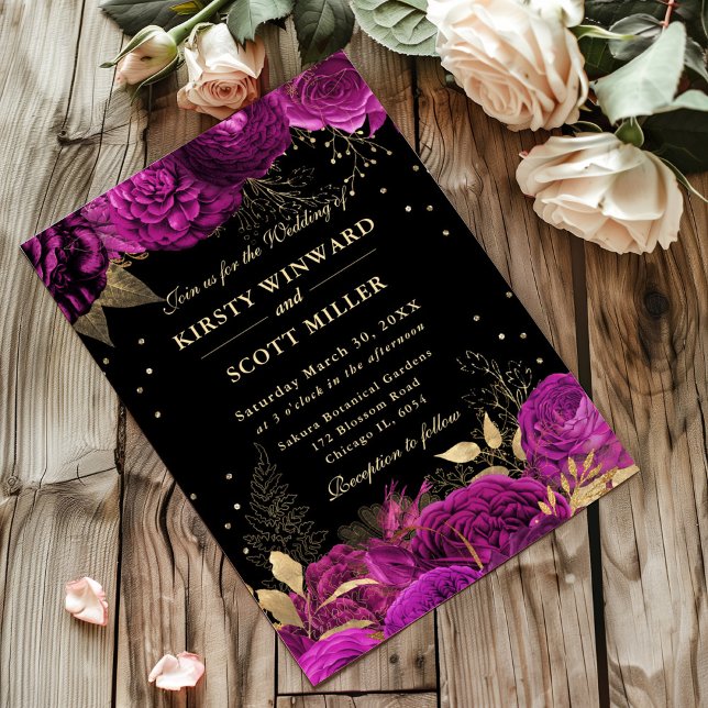 Hot Pink und Gold Rose Blumenhochzeit Einladung (Von Creator hochgeladen)