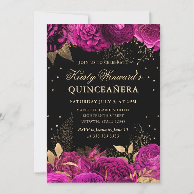 Hot Pink und Gold Rose Blumenquinceanera Einladung (Vorderseite)
