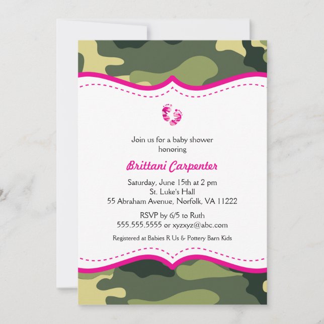 Hot Pink und Green Camouflage Babydusche lädt ein Einladung (Vorderseite)