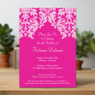 Hot Pink und Limones Girl Damask Muster Einladung