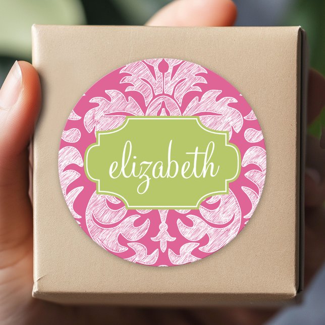 Hot Pink und Limones Girl Damask Muster Runder Aufkleber (Custom Sticker for Party Favors and Envelopes)