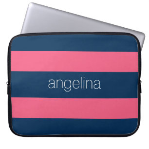 Hot Pink und Marine Moderne Rugby Streifen mit Nam Laptopschutzhülle