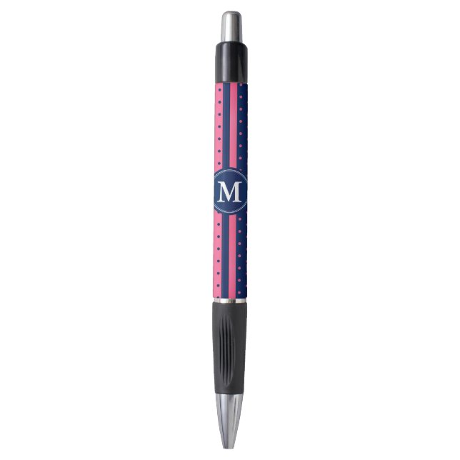 Hot Pink und Navy Blue Polka Punkte Kugelschreiber (Vorderseite Vertikal)