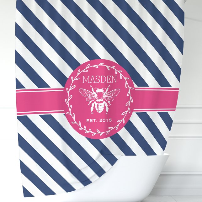 Hot Pink und Navy Stripes Honey Mongram Duschvorhang (Von Creator hochgeladen)