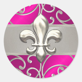 Hot Pink und Silver Filigree Wirbel Lilie Runder Aufkleber