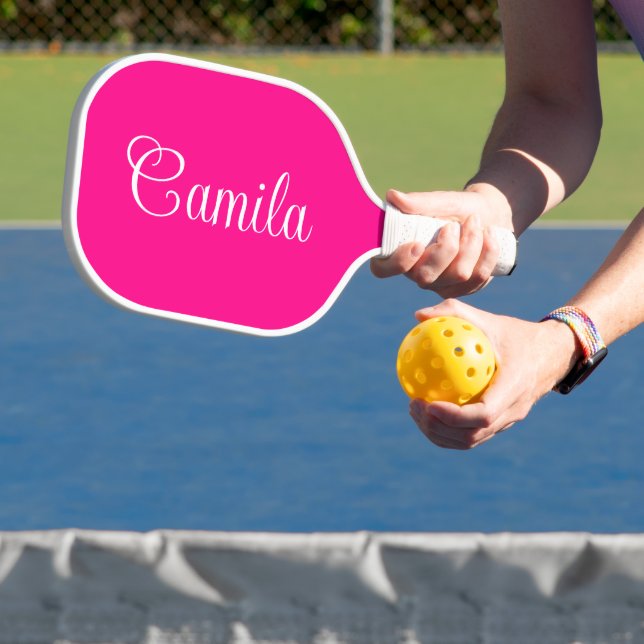 Hot Pink und White Curry Script Pickleball Schläger (InSitu)