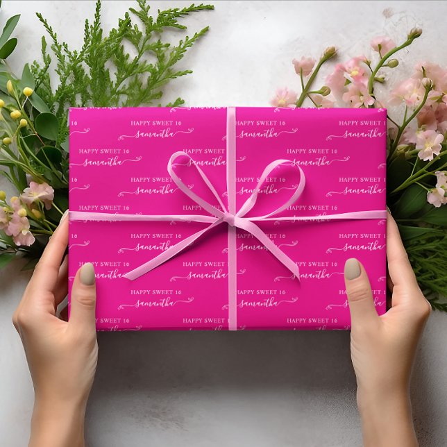 Hot Pink und White Happy Sweet 16 Niedlich Bow Nam Geschenkpapier Set (Hot Pink and White Happy Sweet 16 Cute Bow Name Wrapping Paper Sheets)