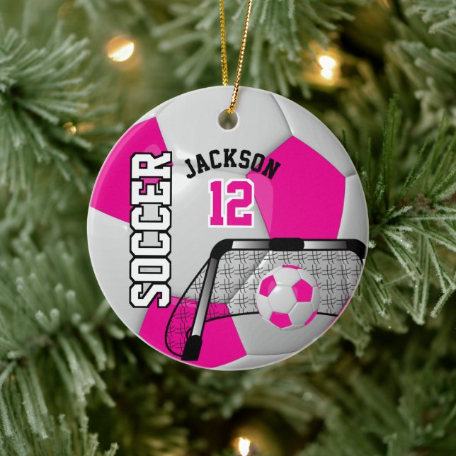 Hot Pink und White Soccer Ball Keramik Ornament (Baum)