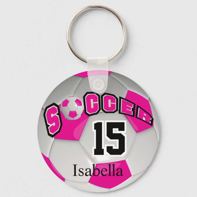 Hot Pink und White Soccer Ball Schlüsselanhänger (Vorderseite)
