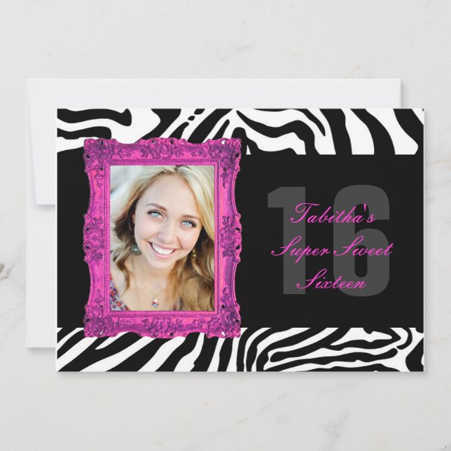 Hot Pink und Zebra| Einladung der 16 . Geburtstag (Vorderseite)