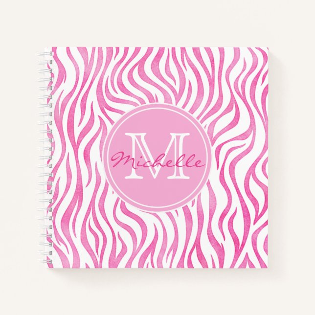 Hot Pink Wasserfarbe Zebra Print | Monogramm Notizbuch (Vorderseite)