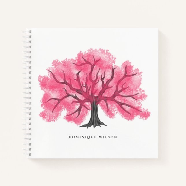 Hot Pink Wasserfarben Kirschblossom Tree Notizbuch (Vorderseite)