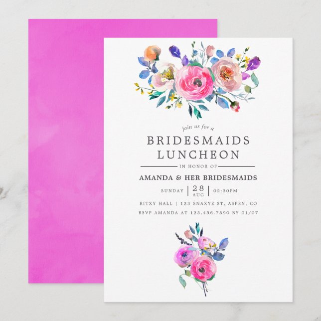 Hot-Pink Watercolor Blumenbridmaids Luncheon Einladung (Vorne/Hinten)
