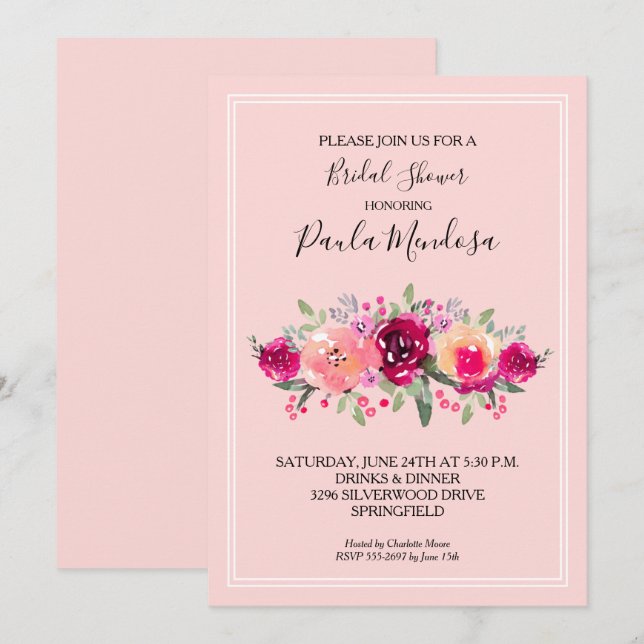 Hot Pink Watercolor Floral Brautparty Einladung (Vorne/Hinten)