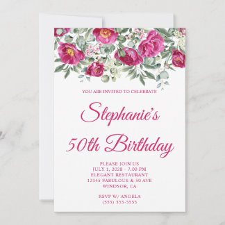 Hot Pink Watercolor Peonies 50. Geburtstag Einladung