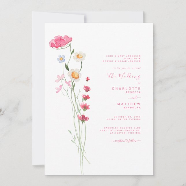 Hot Pink Watercolor Wildblume Moderne Hochzeit Einladung (Vorderseite)