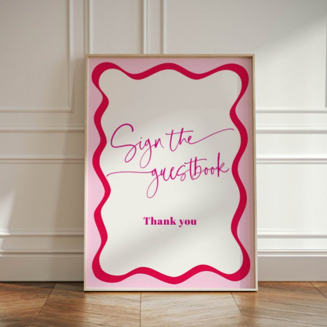 Hot Pink Wavy Border Gästebuch farbenfroh Sockelschild (Guestbook sign with hot pink wavy border)