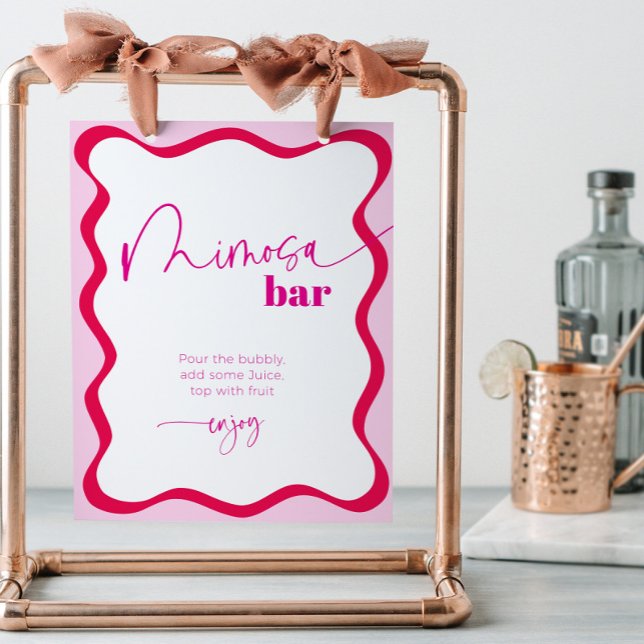 Hot Pink Wavy Border Mimosa Bar Cocktail Drinks Sockelschild (Colorful hot pink wavy border mimosa bar sign)