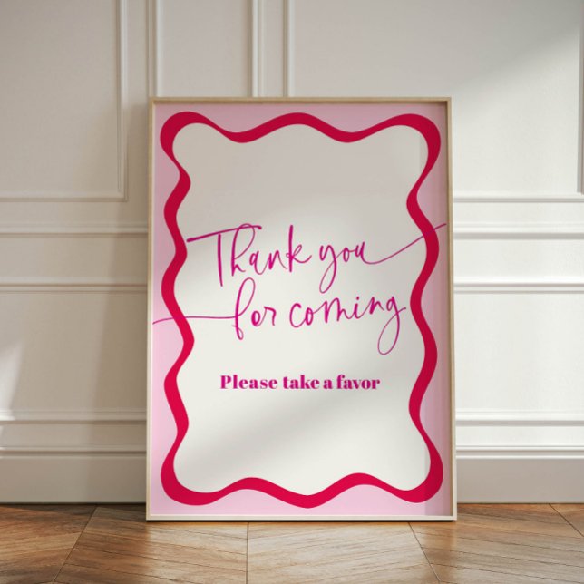 Hot Pink Wavy Border Vielen Dank für Ihre Favorite Sockelschild (Thank you for coming, please take a favor sign with hot pink wavy border)