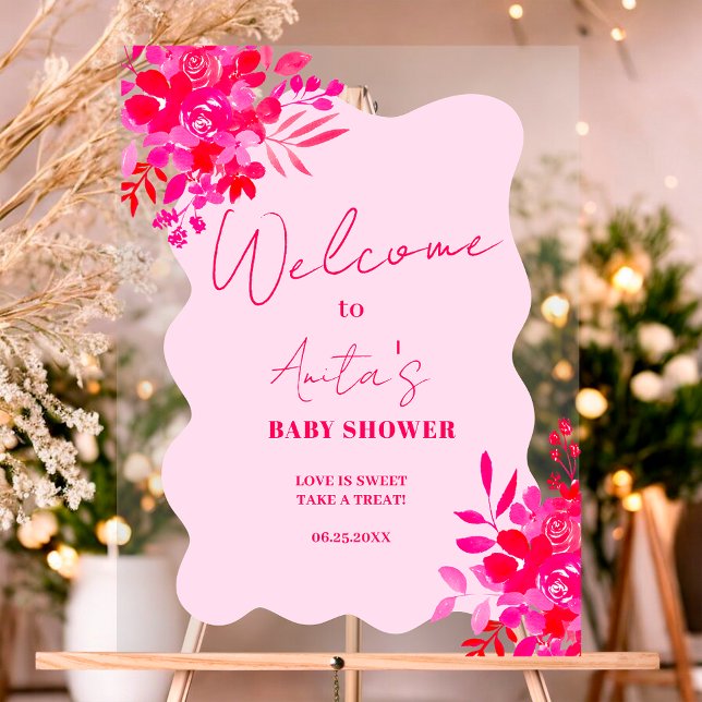 Hot pink wavy red pink Blütenbaby Dusche willkomme Acrylschild (Hot pink wavy red pink floral baby shower welcome acrylic sign)