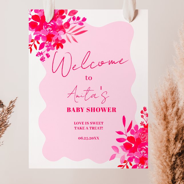 Hot pink wavy red pink Blütenbaby Dusche willkomme Poster (Hot pink wavy red pink floral baby shower welcome poster)