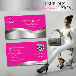 Hot Pink Wavy Silver Deco mit Logo und QR Code Visitenkarte