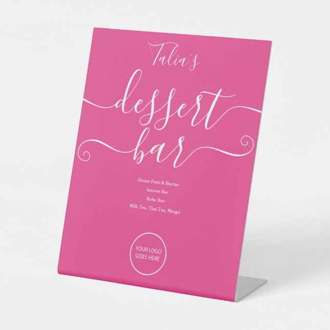 Hot Pink Wedding Logo Dessert Bar Menu Sockelschild (Vorderseite)