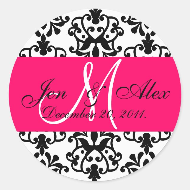 Hot Pink Wedding Monogram Names Date Paisley Siege Runder Aufkleber (Vorderseite)