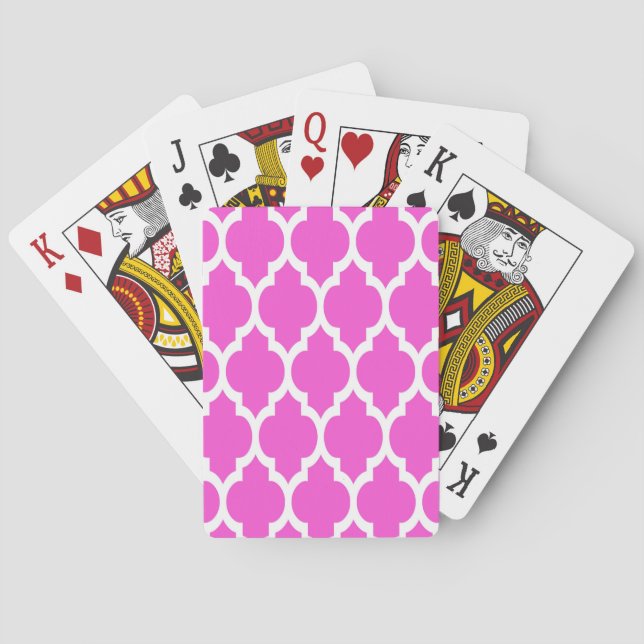 Hot Pink Weiß marokkanisches Quatrefolienmuster #4 Spielkarten (Rückseite)