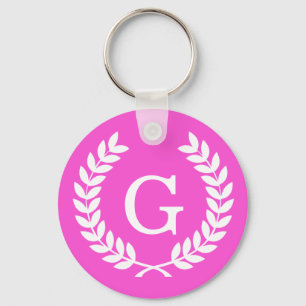 Hot Pink Whheat Laurel Wreath Initial Monogram Schlüsselanhänger