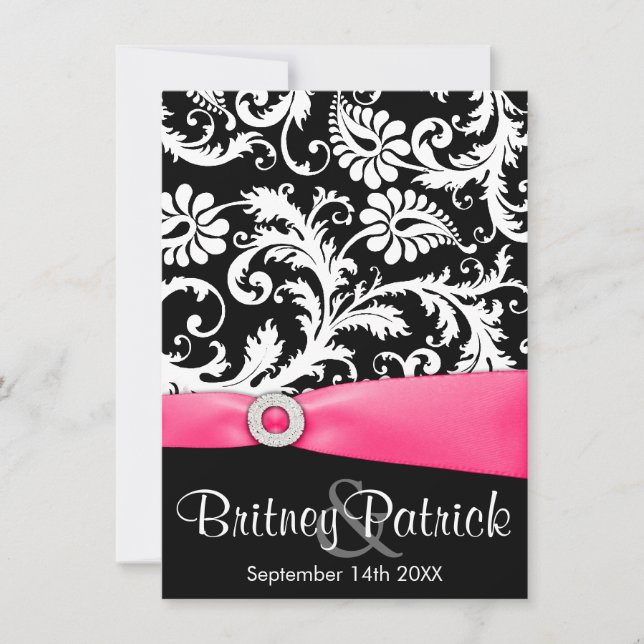 Hot Pink White & Black Damask Hochzeitsempfang Einladung (Vorderseite)