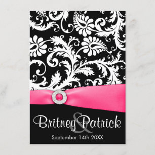 Hot Pink White & Black Damask Hochzeitsempfang Einladung