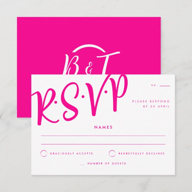 Hot Pink White Calligraphy Wedding RSVP Einladung (Vorne/Hinten)