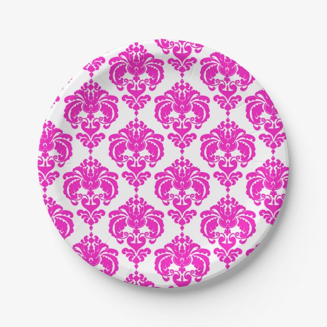 Hot Pink & White Damask Chic Elegantes Party Pappteller (Vorderseite)