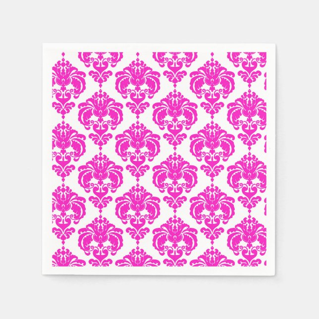 Hot Pink & White Damask Chic Elegantes Party Serviette (Vorderseite)