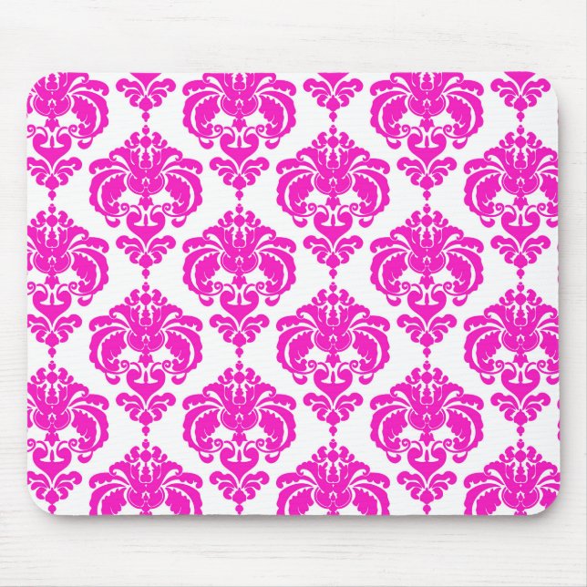 Hot Pink White Damask Chic Modernes elegantes Must Mousepad (Vorne)