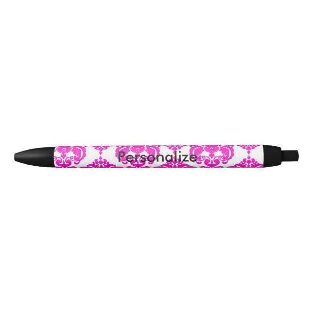 Hot Pink & White Damask Eleganter Personalisierter Kugelschreiber (Vorderseite)