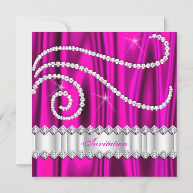 Hot Pink White Diamonds Silver Birthday Party Einladung (Vorderseite)