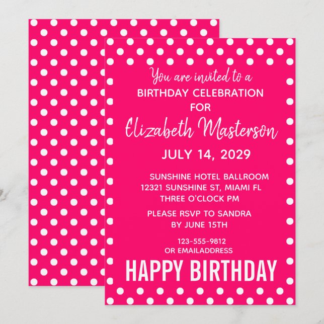 Hot Pink White Dots Muster Happy Birthday Einladung (Vorne/Hinten)