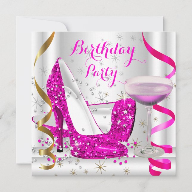 Hot Pink White Gold Glitzer High Heel Pink Drink Einladung (Vorderseite)