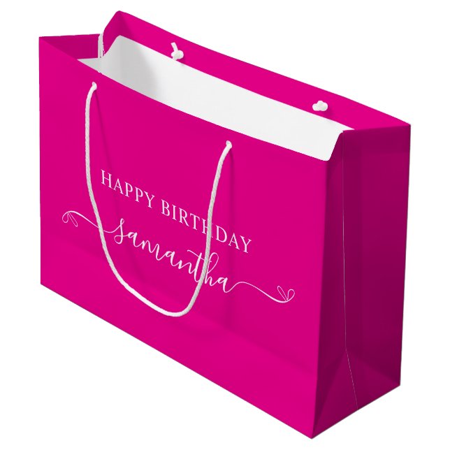 Hot Pink White Happy Geburtsdatum Bow Signature Na Große Geschenktüte (Vorderseite Schrägansicht)