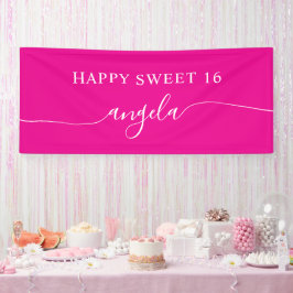 Hot Pink White Happy Sweet 16 Glam Signature Name Banner