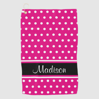 Hot Pink White Polka Dot Black Strip Skript Name Golfhandtuch