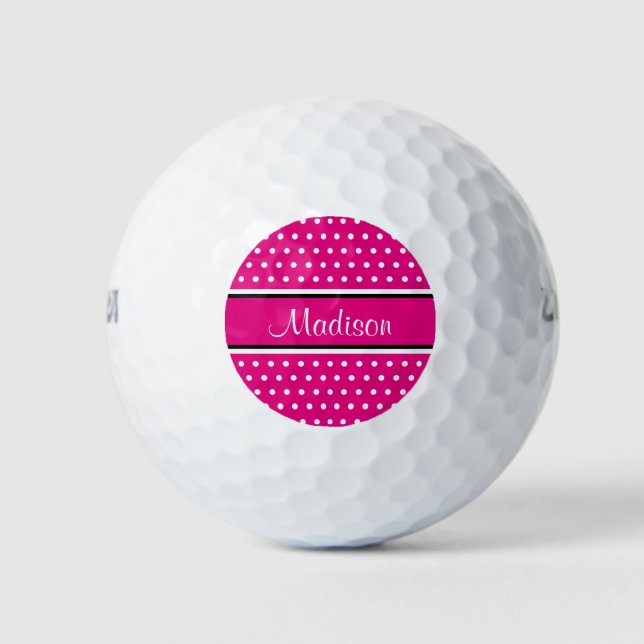Hot Pink White Polka Dot Black Stripes Script Name Golfball (Vorderseite)