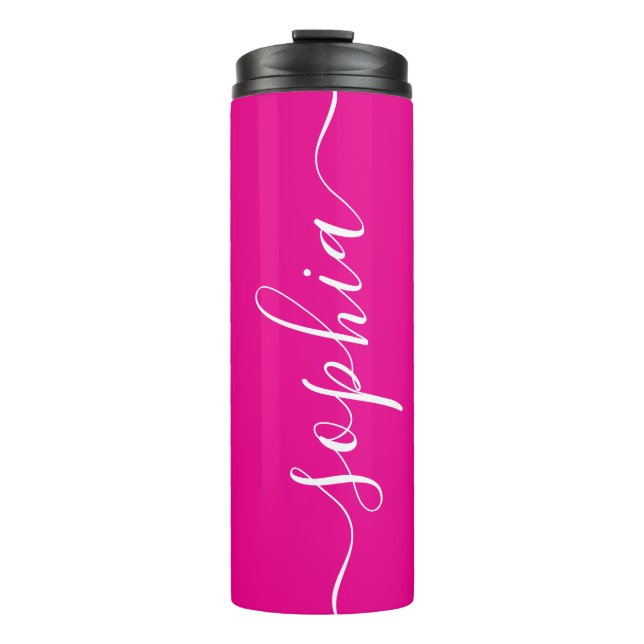 Hot Pink White Script Custom Thermal Tumbler Thermosbecher (Vorderseite)