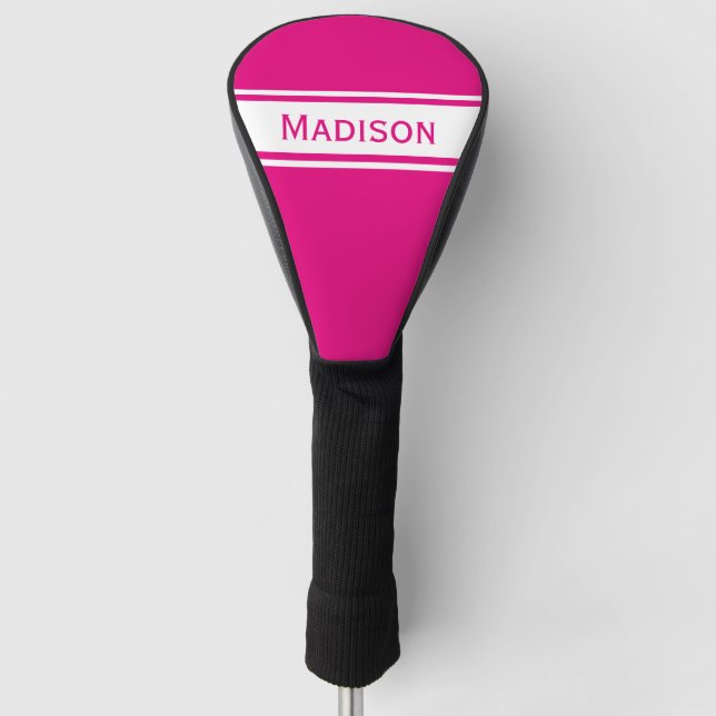 Hot Pink White Stripes Modern Name Monogram Golf Headcover (Vorderseite)