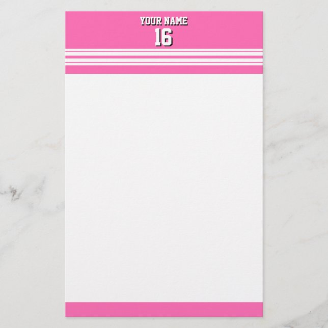 Hot Pink White Team Jersey Name Briefpapier (Vorderseite)
