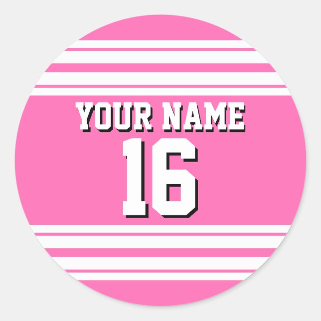 Hot Pink White Team Jersey Name Runder Aufkleber (Vorderseite)