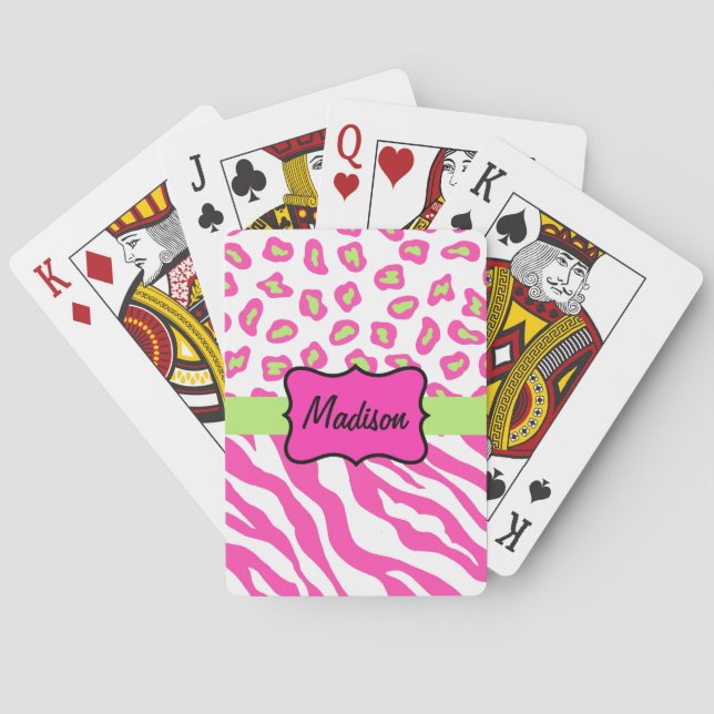 Hot Pink White Zebra Leopard Skin Name personalisi Spielkarten (Rückseite)